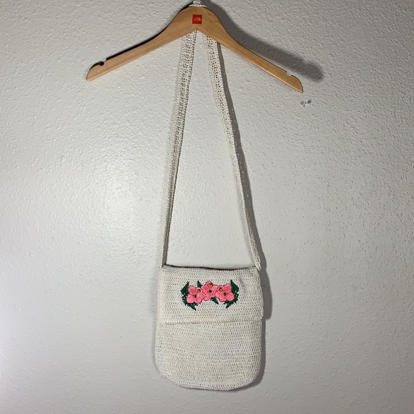 Island Waves Handbags - Vintage boho woven pearly white crossbody bag pink green floral embroidery